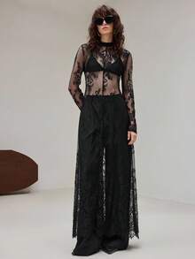 Ontre 2026SS New Arrival, Suitable For 5-15°C, Layering, Modern Urban Style, Black Lace Fabric, Waist-Cinching Fitted Silhouette, Women's Long Dress, Elegant Versatile Daily Wear, New Apparel Party Dress, Women's Spring/Summer Dress - Black - View 5