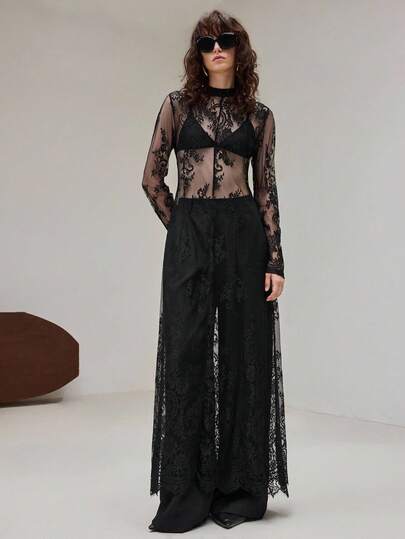 Ontre 2026SS Nouvelle Arrivée, Convient pour 5-15°C, Style Superposé, Style Urbain Moderne, Tissu en Dentelle Noire, Silhouette Ajustée Avec Taille Cintrée, Robe Longue Femme, Élégante et Polyvalente pour Une Utilisation Quotidienne, Nouvelle Robe de Soirée, Robe Femme Printemps/Été