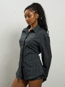 COUREZ Áo sơ mi dài tay thắt eo họa tiết kẻ ô vuông / Áo mùa hè phong cách cổ điển Y3K Y2K - Nhiều màu - Xem 5