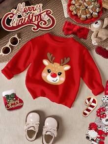 SHEIN Happikins 女童酒红色可爱圣诞卡通驯鹿图案休闲简约保暖柔软宽松圆领长袖毛衣，适合圣诞节、新年、日常穿着、庆祝活动、营造圣诞氛围、作为圣诞礼物、秋冬季外出穿着，轻松舒适，秋冬季叠穿 - 彩色 - 查看 3