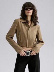 Women's Short Zip-Up Jacket, Winter Coat - Brown - View 8