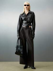 女士条纹蕾丝系带裤，秋冬商务休闲装 - 深灰色 - 查看 6