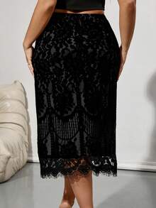 Firerie 大码女式优雅黑色蕾丝撞色 V 领透明蕾丝花卉长裙，适合约会和聚会 - 黑色 - 查看 2