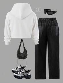 Sparklyn 青少年女孩休闲百搭日常涂鸦图案连帽短款卫衣+牛仔风格涂鸦宽松长裤套装秋冬 - 白色 - 查看 2