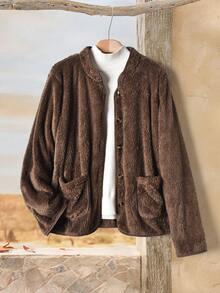 Rusticease 女式纯色长袖羊毛夹克，带口袋和前纽扣，百搭保暖，适合冬季穿着 - 藕粉色 - 查看 1