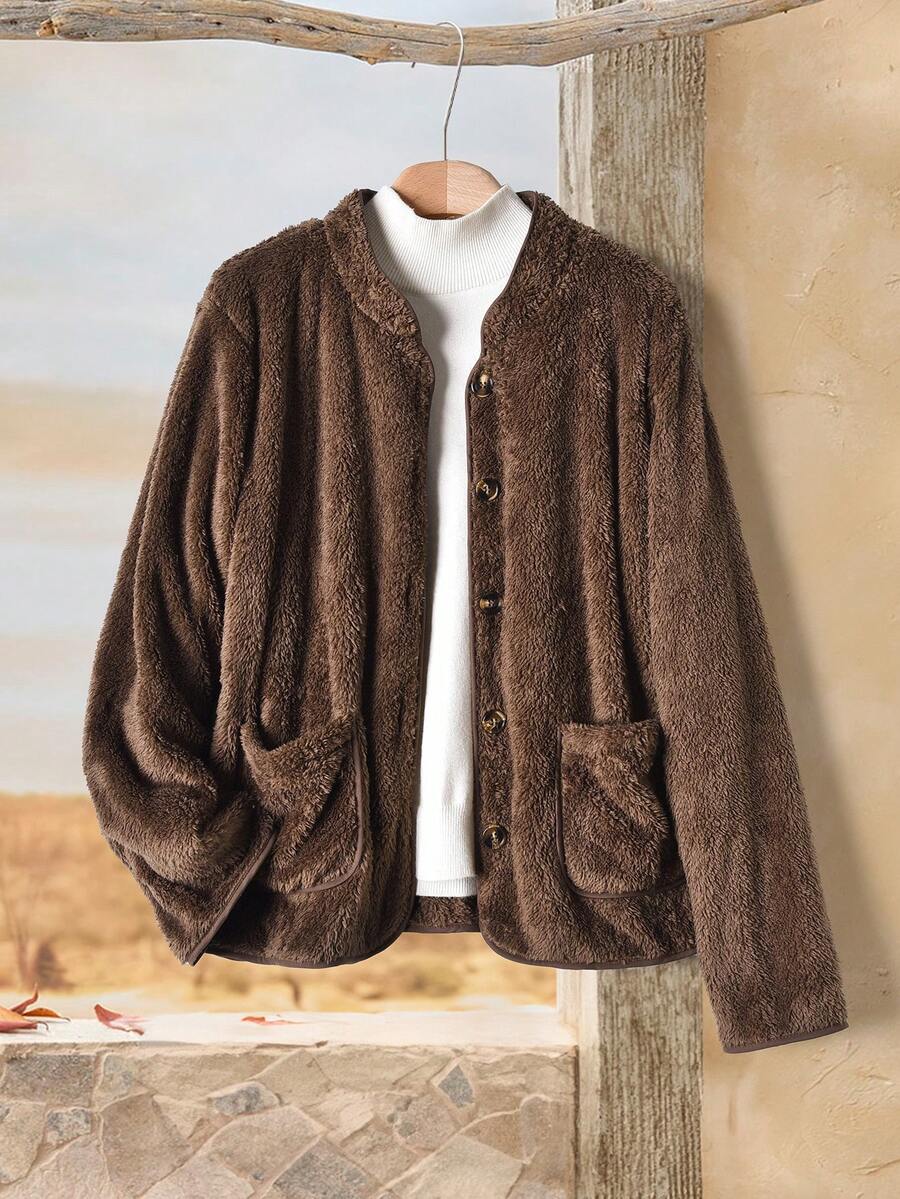 Rusticease 女式纯色长袖羊毛夹克，带口袋和前纽扣，百搭保暖，适合冬季穿着 - 藕粉色 - 查看 1