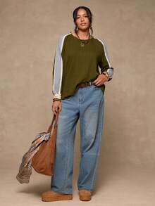 Freevana Plus Size Women Cable Knit Texture Casual Raglan Sleeve Colorblock Pullover T-Shirt, Autumn/Winter - Army Green - View 3