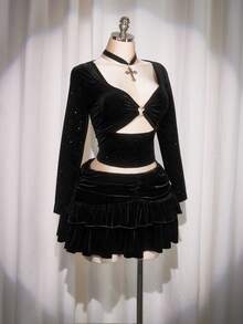 SHEIN ICON 加大码心形钻石装饰透明网眼拼接修身镂空长袖天鹅绒黑色 T 恤 - 黑色 - 查看 4