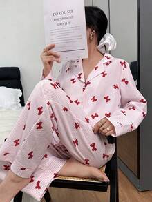 Dream Adore Women's Striped Bow Collar Long Sleeve Pajama Set Striped Pajamas Pajamas For Women Sleepwear Women Pajamas Set Bow Pajamas - Multicolor - View 7