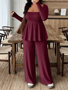 Weeklong Atasan Wanita Ukuran Besar Bahan Plush dengan Kerah Longgar, Set 2 Potong Kasual Hangat, Musim Gugur/Dingin - Burgundy - View 6