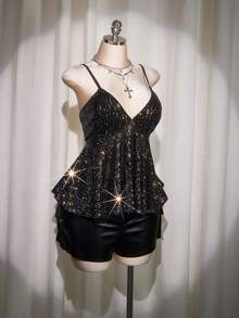 SHEIN ICON 大码 V 领亮片吊带背心、亮片娃娃背心、亮片派对上衣 - 銀色 - 查看 4