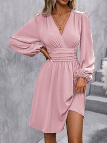 EMERY ROSE 女士优雅纯色灯笼袖连衣裙，适合通勤 - 粉色 - 查看 3