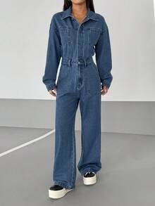 StreetHx Women's Casual Washed Denim Long Sleeve Jumpsuit Denim Jumpsuits Denim Outfit Women Jean Outfits Sets For Women Jean 2 Piece Set 2 Piece Denim Sets Woman - Blue - View 6