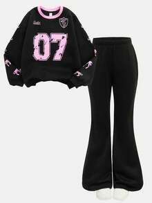 Girlism Conjunto informal de sudadera estampada de punto y pantalones para niña preadolescente - Negro - Ver 13