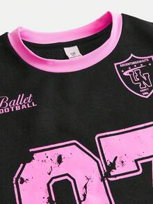 Girlism Conjunto informal de sudadera estampada de punto y pantalones para niña preadolescente - Negro - Ver 3