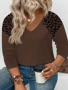 EMERY ROSE 女式休闲V领豹纹长袖T恤，加大码，秋冬 - 咖啡棕 - 查看 5