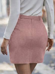 SHEIN LUNE Chân váy bó màu trơn thanh lịch, thích hợp đi làm, mùa thu/đông - Bụi hồng - Xem 2