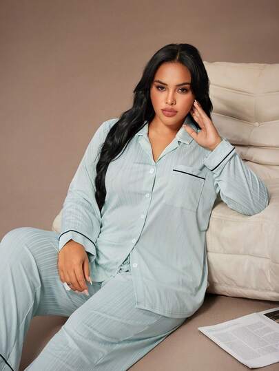Lazeform Plus Size Soft & Skin-Friendly Ribbed Knit French Casual Relaxed Comfortable Pajama Set, Fall & Winter Clothes