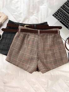 Franclia Petite Terno de lã xadrez versátil e retrô com cinto, versátil para outono/inverno, combinando com shorts casuais - Multicolorido - Ver 2