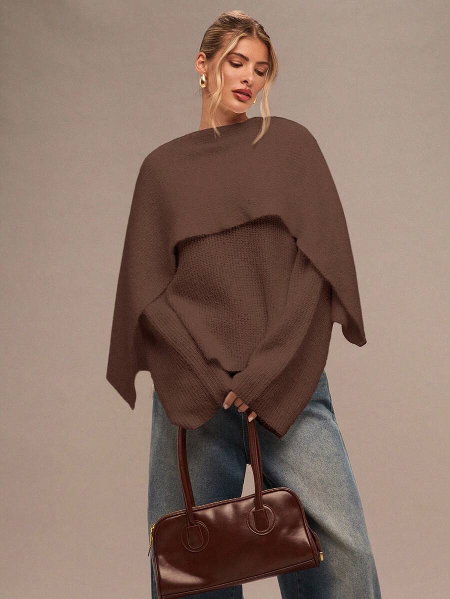 SHEIN BAE 女士秋冬时尚设计简约纯色斗篷二合一套头衫 - 咖啡棕 - 查看 1