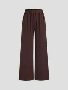 Sweetra 2pcs Women Solid Color Lace Patchwork Asymmetrical Shoulder Long Sleeve T-Shirt And Pants Set - Brown - View 5