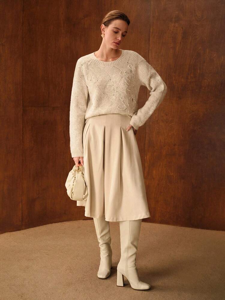 WOMEN'S ELEGANT SWEET FAUX PEARL RHINESTONE DETAIL CREW NECK SWEATER, AUTUMN