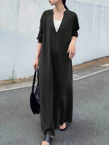 FRIFUL 女式宽松深 V 领落肩长袖开衩休闲长裙，灰色，秋季 - 黑色 - 查看 5