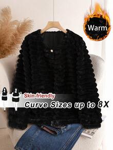 SHEIN CURVE+ Chaqueta elegante de unicolor de piel sintética de talla grande, otoño/invierno