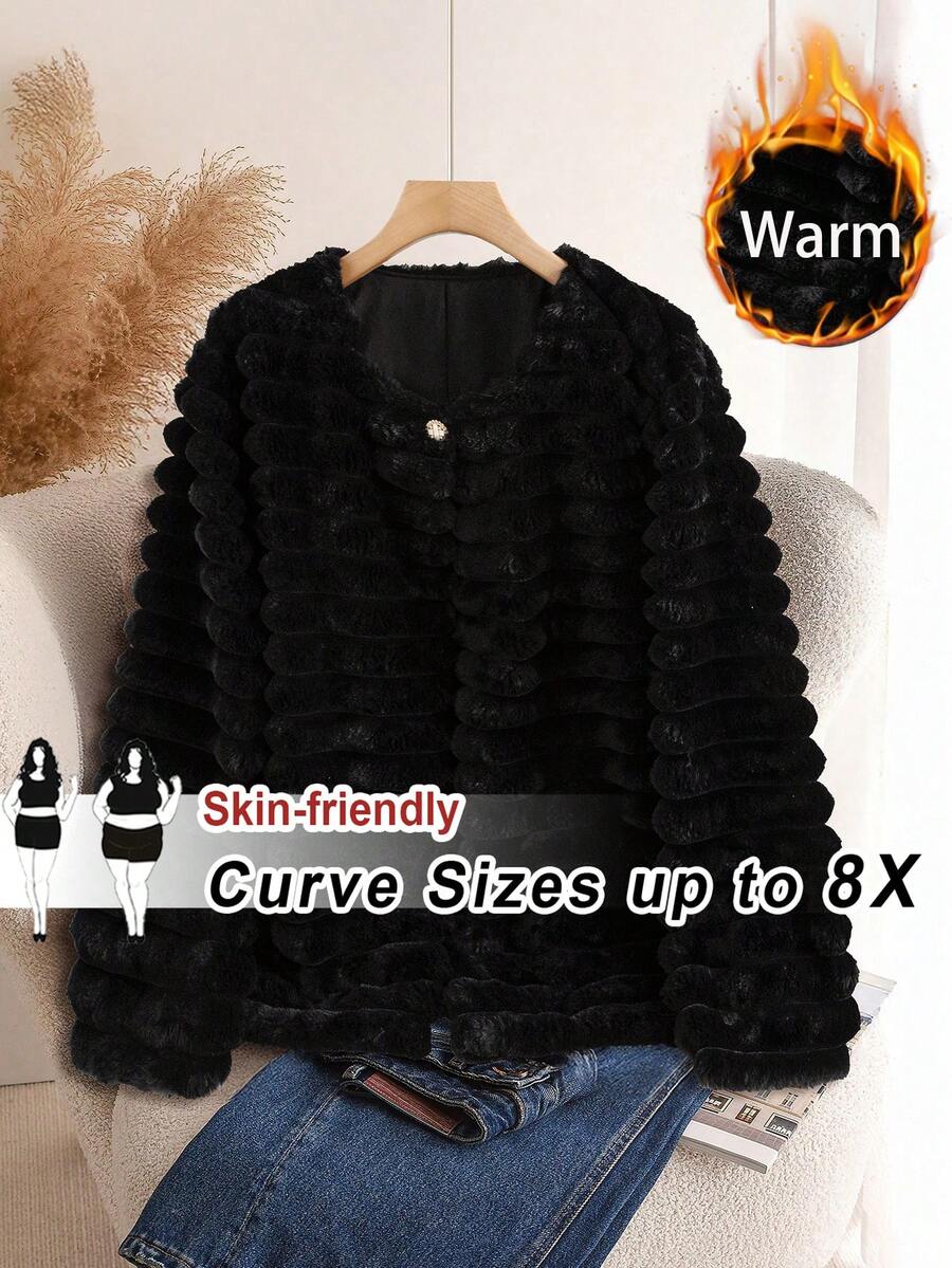 SHEIN CURVE+ Chaqueta elegante de unicolor de piel sintética de talla grande, otoño/invierno