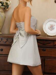SHEIN Unity Women's Metallic Pleated Bust Mini Dress With Bowknot Back, Suitable For Party In Autumn/Winter - Silver - View 2