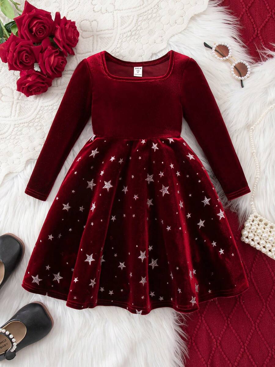 Young Girl Elegant & Cute Black Plaid Knit Long Sleeve Dress - Black - View 1