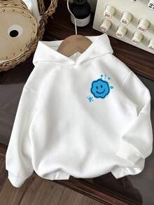 SHEIN ModeFlare Wear Baby Boy Casual Minimalist Smile Pattern Knit Soft Hooded Pullover Sweatshirt, Thick Design Suitable For Autumn
