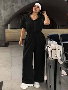 SHEIN EZwear Bộ đồ liền thân hoodie đen thường ngày cỡ lớn - màu đen - Xem 5