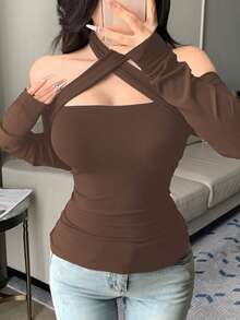 DAZY Women's Summer New Waist Design T-Shirt Long Sleeve Women - Coffee Brown - View 1