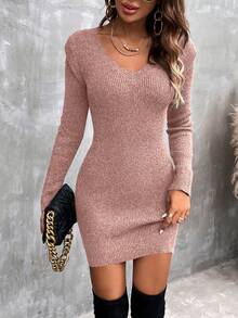 EMERY ROSE Women's Casual Solid Color Fitted Knit Dress, Autumn/Winter