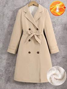 SHEIN Serisse Kids 青少年女孩编织休闲通勤外套双排扣翻领宽松保暖内衬厚长款风衣，休闲军事风格，女孩长款夹克 - 卡其色 - 查看 2