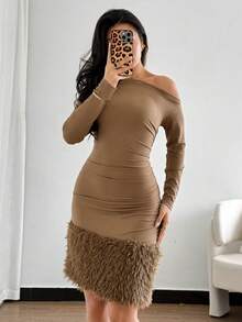 Modelyn Abito mini aderente a maniche lunghe con spalla obliqua a costine, di colore unito, di stile elegante - Castano - Visualizzare 6