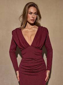 SHEIN BAE Robe sexy à col en V profond et drapée pour femmes, idéale pour les soirées - Rouge foncé - Voir 5