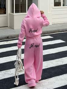 SHEIN Explorewe Streecool Kids/Teen Girls Hooded Cardigan Ribbed Knit Long Sleeve Top And Wide Leg Tree Print Elastic Waist Pants 2 Pieces Set - Pink - View 2