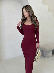Jemour Autumn Wear Solid Color Square Neck Tight Black Long-Sleeved Dress