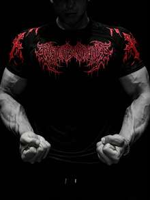 Manfinity Sport PWRUP Men's Retro Print Slim Fit Short Sleeve Athletic T-Shirt Men Workout Shirt Gym T Shirts Men - Black - View 4