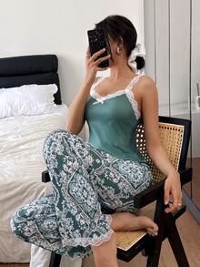 SHEIN Floral Print Lace Trim Camisole & Pants Women Pajama Set - Green - View 2