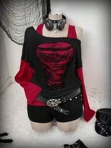 Sunspun Plus Size Oblique Shoulder 2 In 1 Skull Print Contrast Color Long Sleeve T-Shirt - Multicolor - View 4