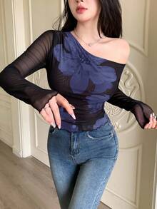 Modelyn 女士花卉印花撞色网眼不对称褶饰修身 T 恤 - 寶藍色 - 查看 6