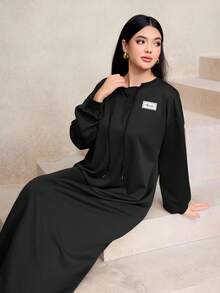 Graceveil Casual Round Neck Drawstring Decor Loose Brown Long Dress For Women, Autumn/Winter - Black - View 6