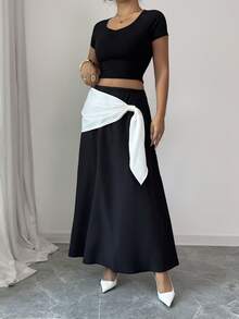 Elenzga Women's Elegant Black & White Color Block Tie-Waist Skirt, Suitable For Autumn/Winter, Thanksgiving, Elegant Parties, Christmas, New Year - Black - View 6