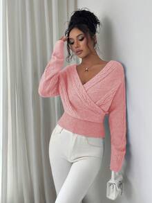 SHEIN Elenzya 女士优雅纯色V领裹身毛衣，秋冬 - 粉色 - 查看 6