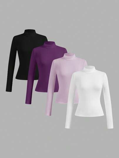 SHEIN Essnce 4pcs/Set Casual Solid Color Versatile Layering Slim Fit Turtleneck Sweater For Women, Autumn/Winter,Fall,Fall Clothes For Women