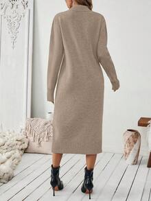 SHEIN Vestido de punto de unicolor casual para mujer, versátil para otoño/invierno - Caqui - Ver 2