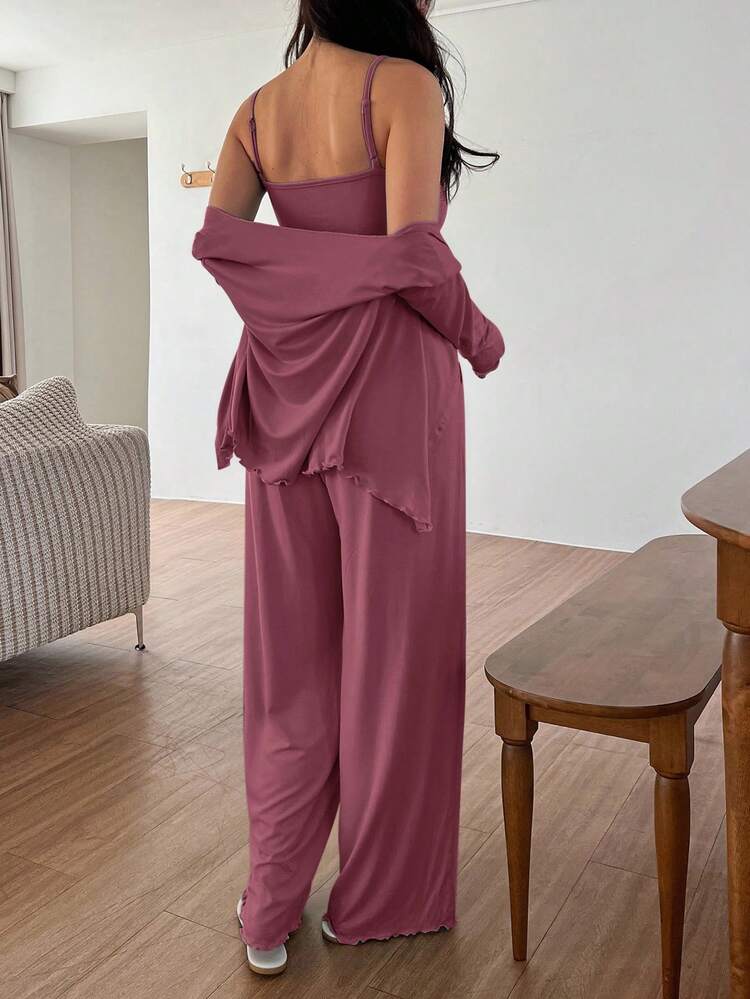 3pcs Solid Color Knit Twist Design Camisole Top & Robe & Pants Women Lounge Set, Winter Clothes